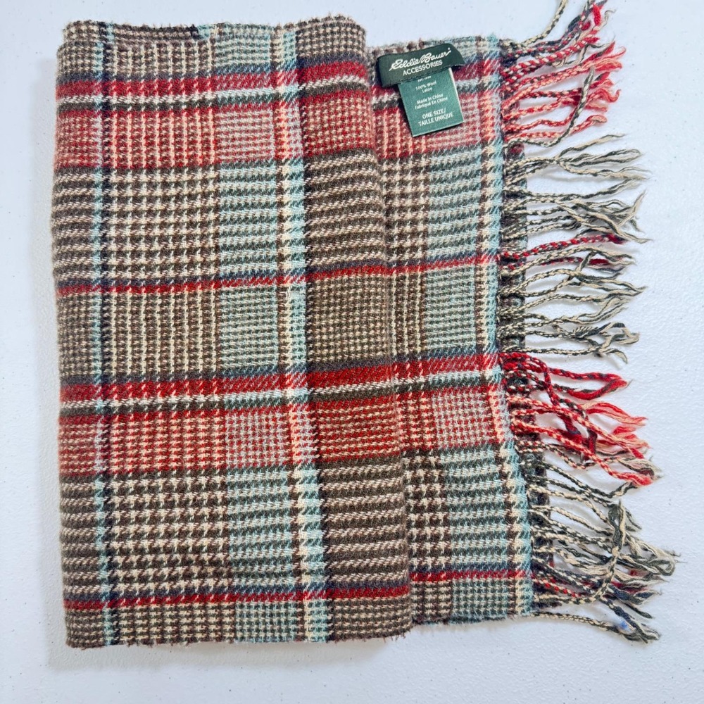 VTG Eddie Bauer Accessorie Plaid Wool Blend Scarf Fringe One Size Red Brown Blue